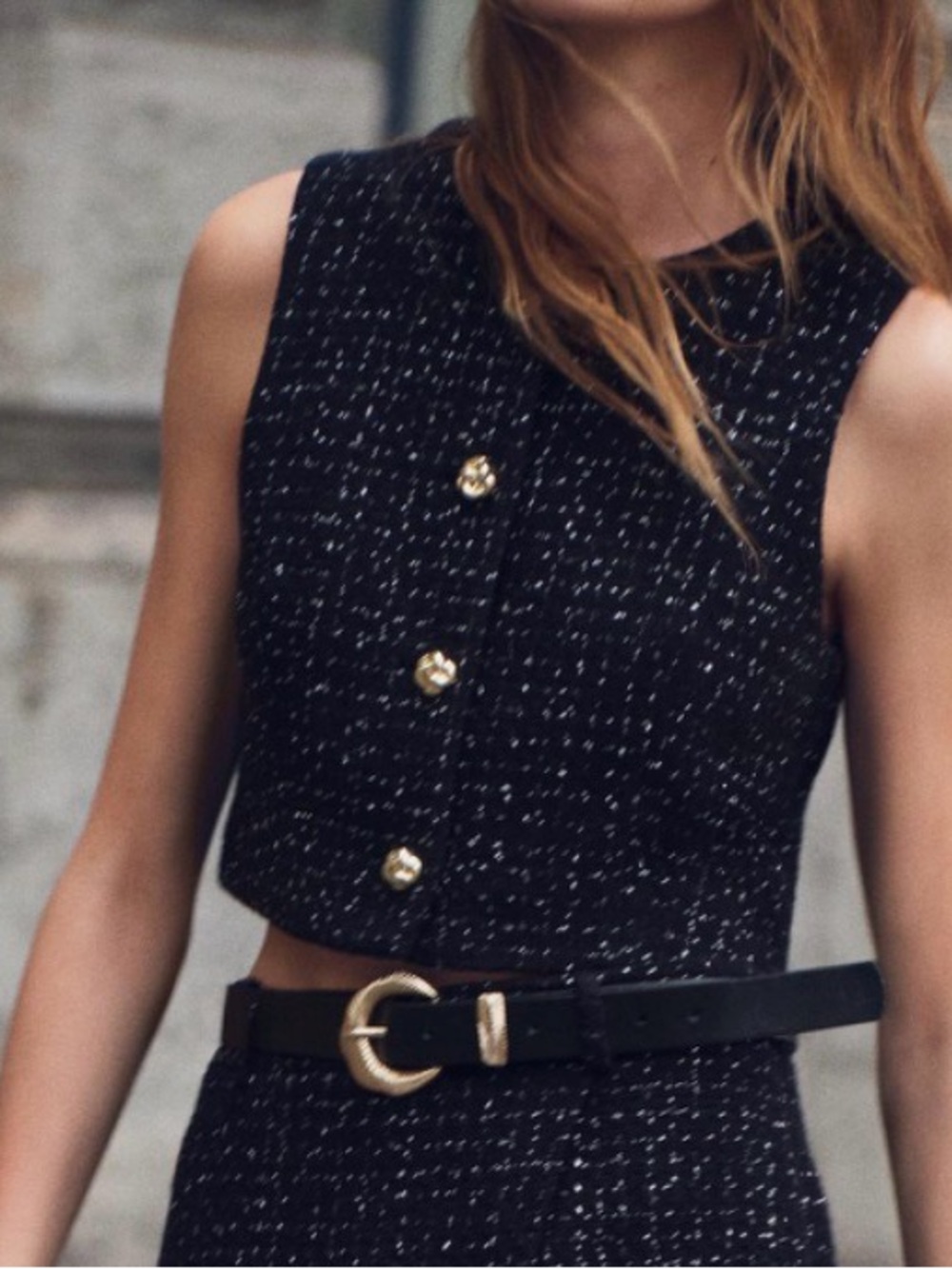 Zara Black Tweed Cropped Vest with Gold Buttons